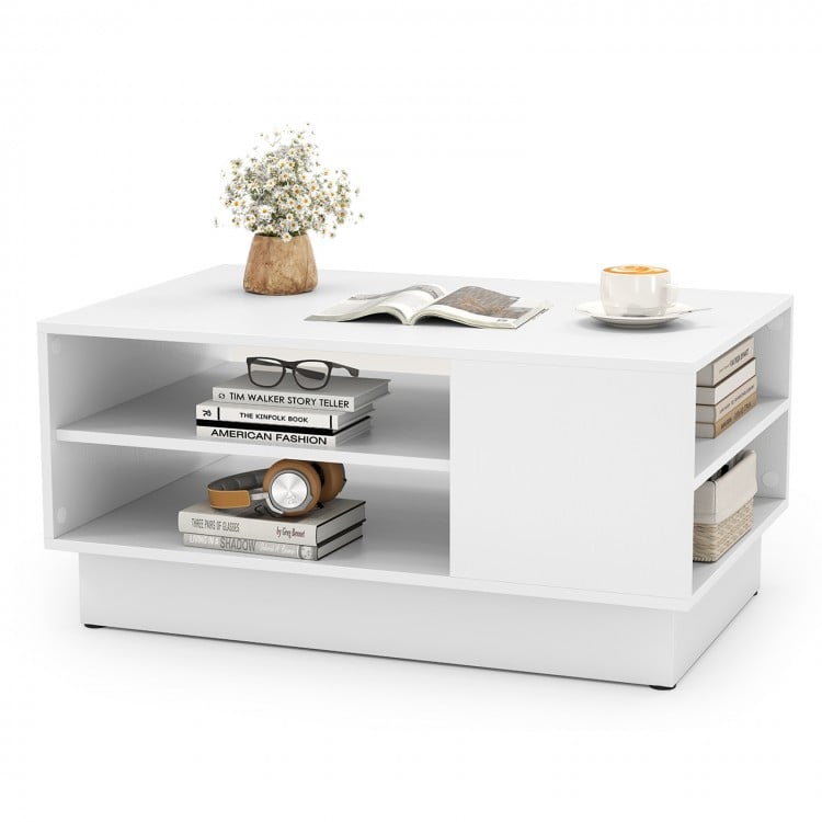 Modern white coffee table showcasing a sleek design and two-tier open shelves, ideal for stylish storage solutions.