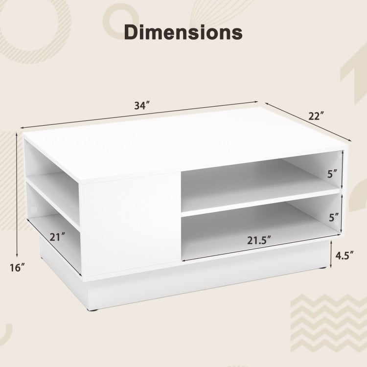 Modern coffee table in white with 2-tier open storage shelves, showcasing dimensions for easy placement and assembly.