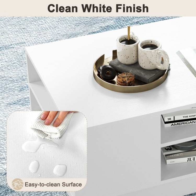 Modern coffee table in clean white finish featuring easy-to-clean surface and two-tier open storage shelves.