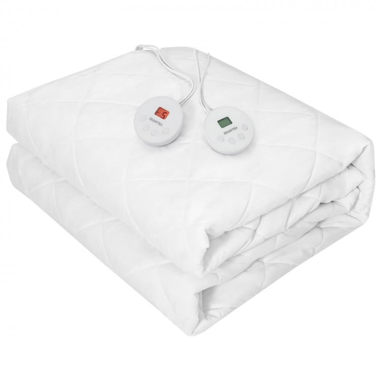Electric mattress pad with dual controllers, 10 temperature levels, fits mattresses up to 15" thick for cozy warmth.