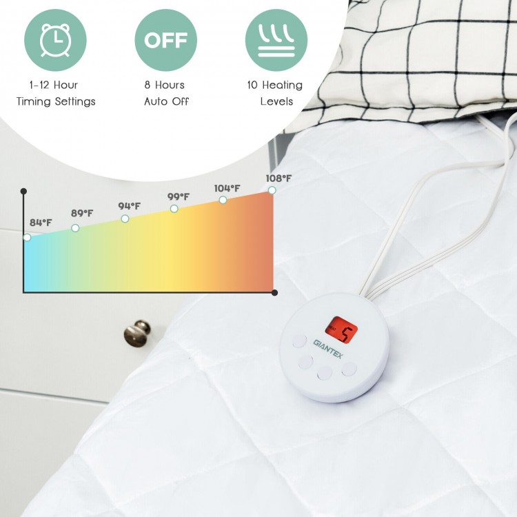 Heated electric mattress pad with dual controller, 10 temperature levels, fits mattresses up to 15 inches thick.
