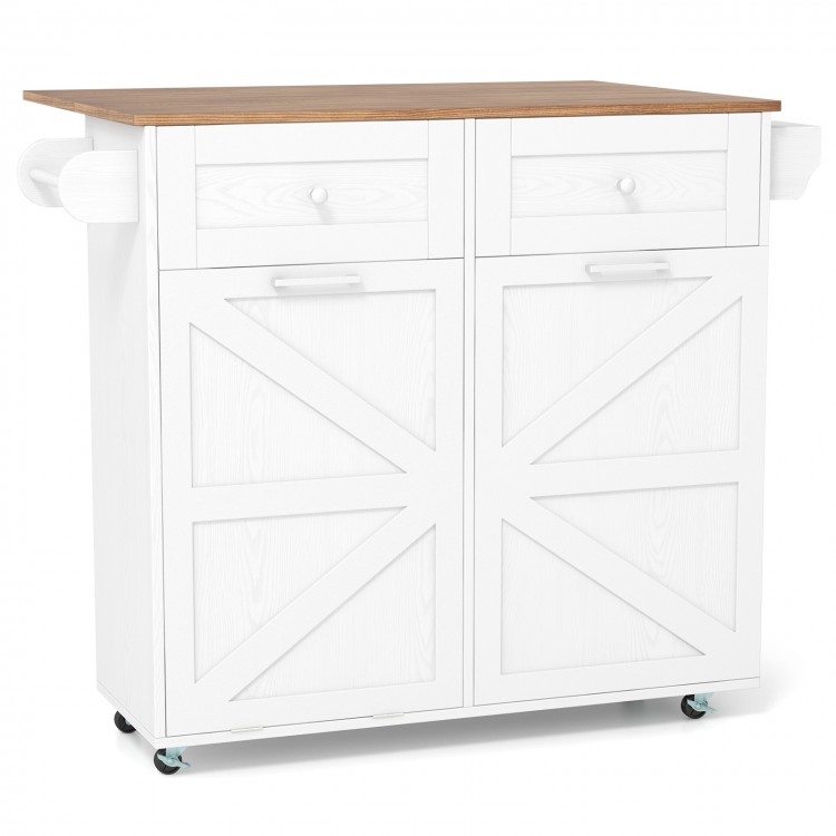 Rolling kitchen island in white with a wooden top, featuring storage drawers and a tilt-out trash cabinet on wheels.