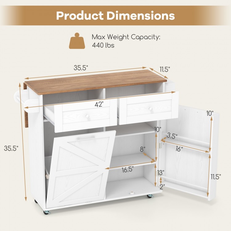 Rolling kitchen island dimensions with a drop leaf top, storage drawers, and tilt-out trash cabinet for versatile use.