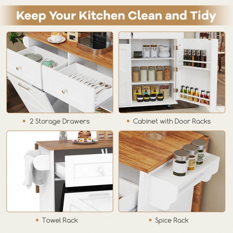 Rolling kitchen island with storage drawers, spice rack, and towel rack, featuring a drop leaf top for versatile use.