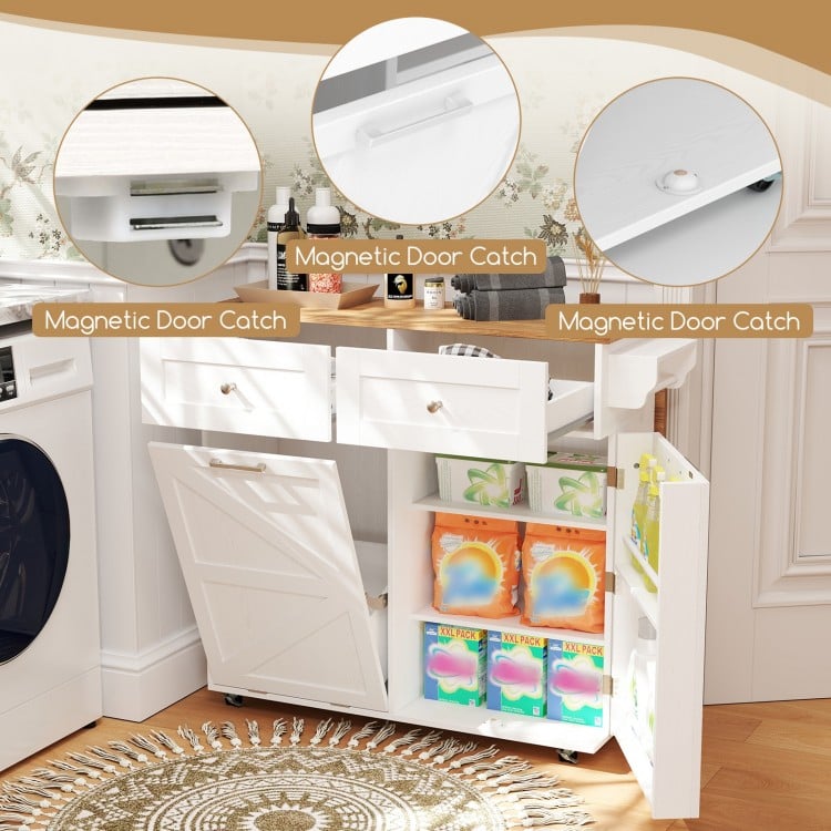 Rolling kitchen island with trash can cabinet, featuring magnetic door catches and rubber wheels for easy mobility.