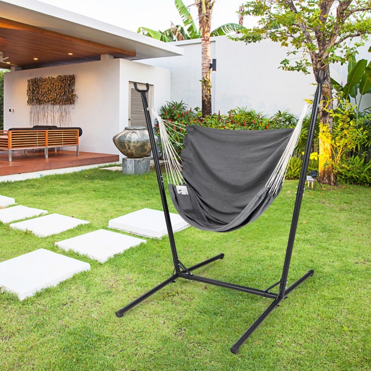 Hammock chair with stand in gray, featuring adjustable height and side pocket, perfect for outdoor relaxation.