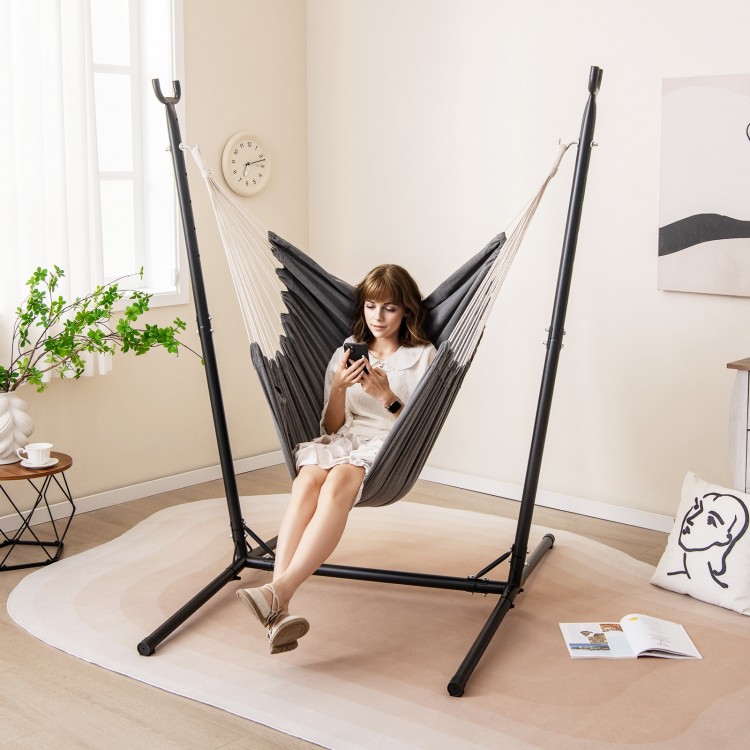 Hammock chair with stand in gray, featuring adjustable height and side pocket, perfect for indoor or outdoor relaxation.