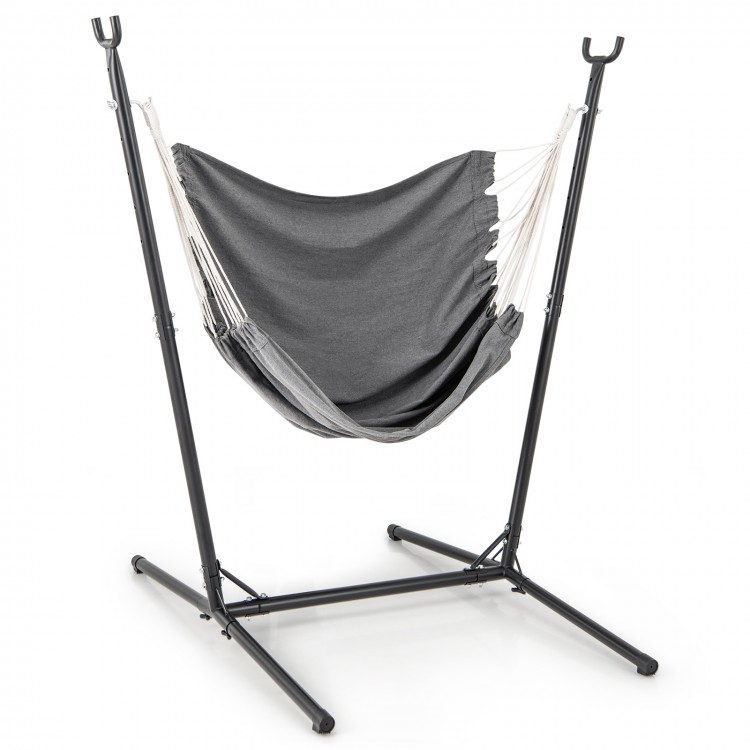 Hammock chair with stand in gray, featuring adjustable height and side pocket, perfect for indoor or outdoor use.