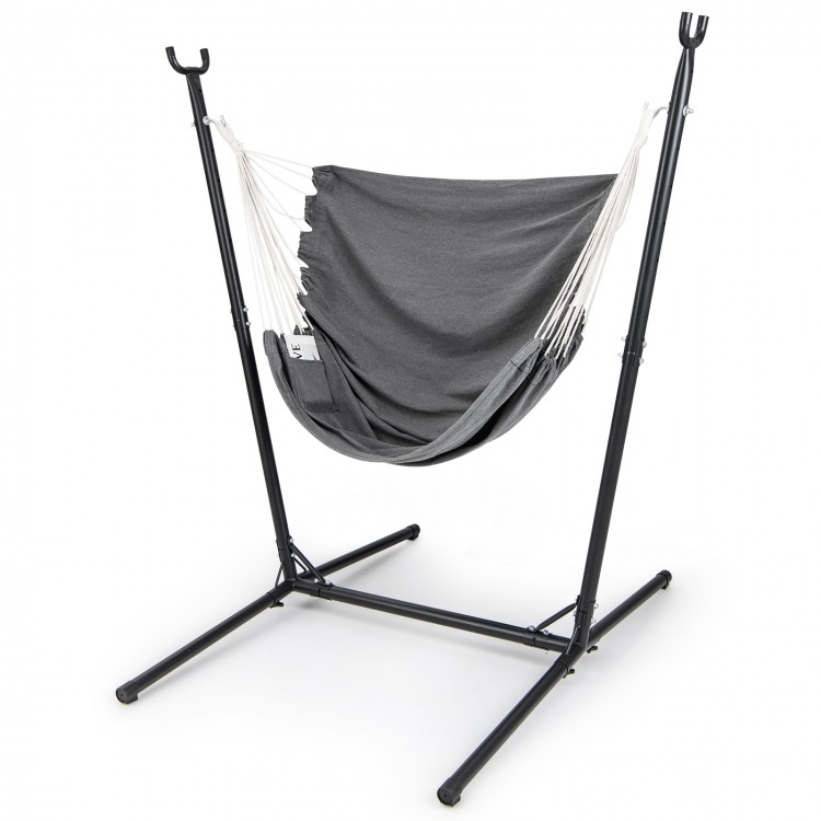 Hammock chair with stand in gray, featuring 6-position adjustable height and side pocket for indoor or outdoor use.