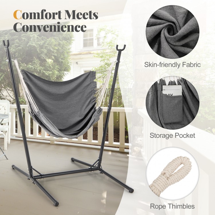 Hammock chair with stand in gray, featuring adjustable height, storage pocket, and sturdy hooks for indoor or outdoor.