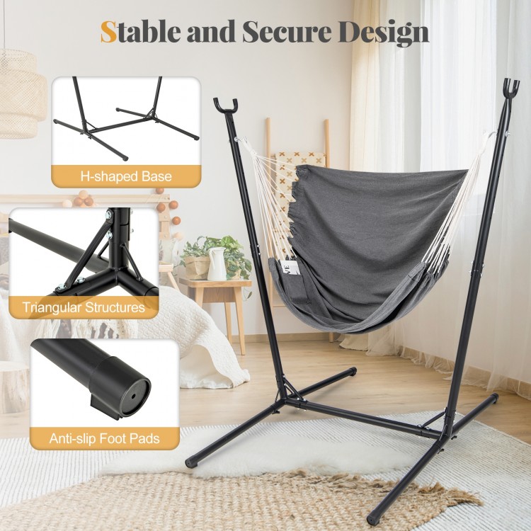 Hammock chair with stand in gray, featuring adjustable height, stable H-shaped base, and side pocket for storage.