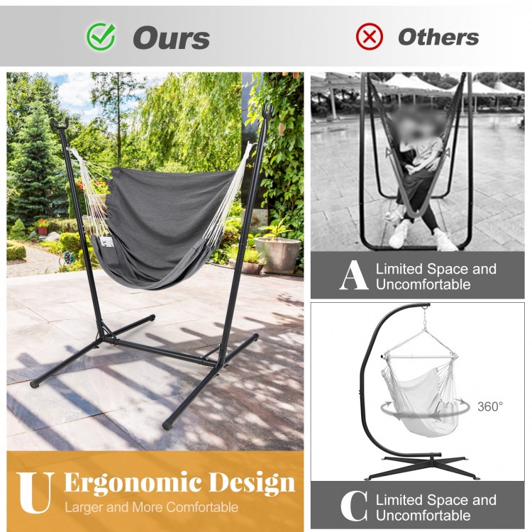 Hammock chair with stand in gray, featuring 6-position adjustable height and side pocket for indoor or outdoor.