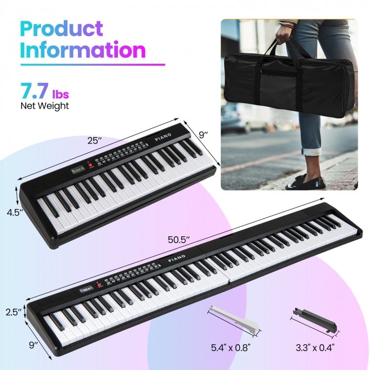 Foldable 88 key electric keyboard piano in black with dual speakers, ideal for music apps and easy transport.