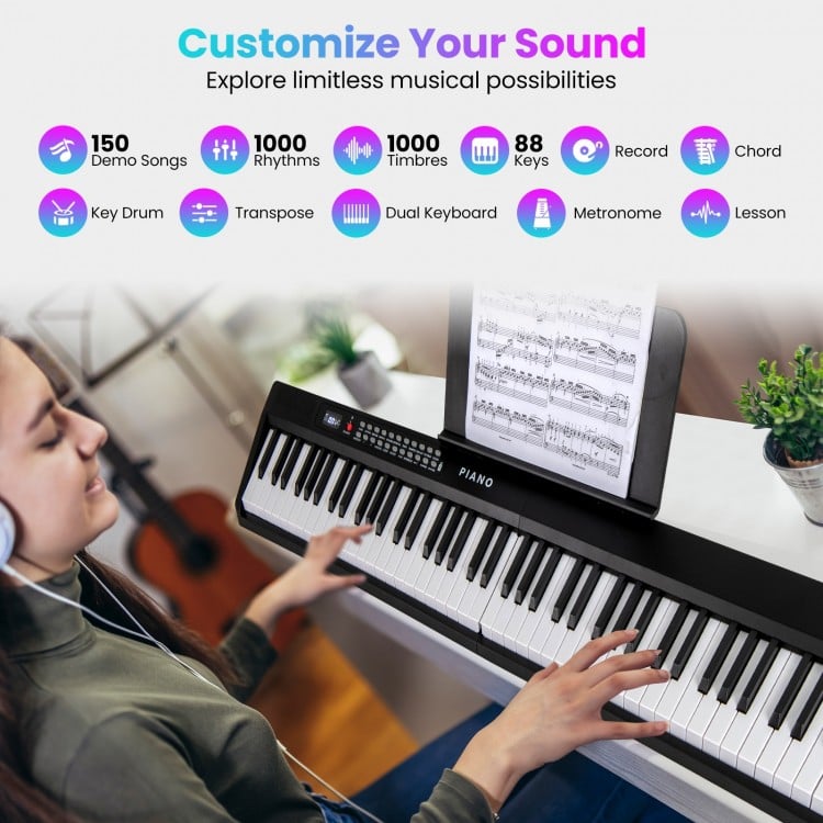 88-key foldable electric keyboard piano in black, featuring dual speakers, 1000 rhythms, and wireless MIDI connectivity.