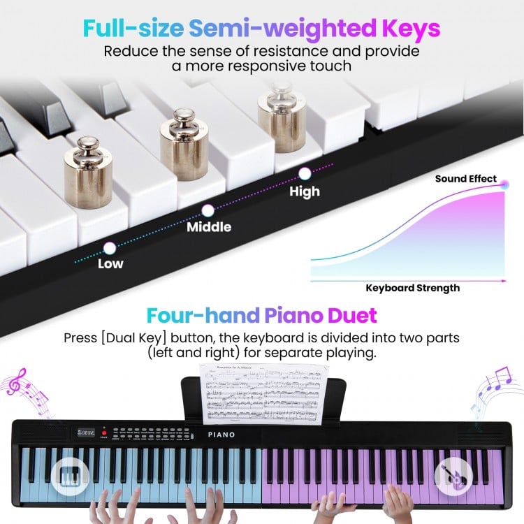 Full-size semi-weighted keys of the 88 key foldable electric keyboard piano, ideal for versatile music applications.