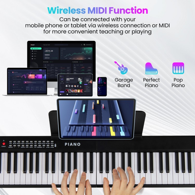 88-key foldable electric keyboard piano in black with wireless MIDI, dual speakers, and LED display for versatile music.