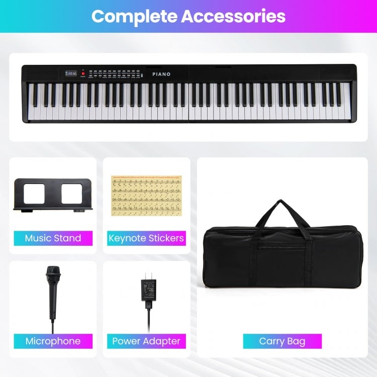 88 key foldable electric keyboard piano in black with music stand, microphone, power adapter, and carry bag for easy.