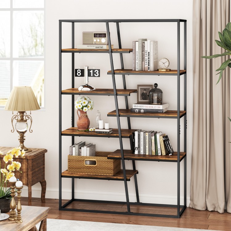 71-inch industrial etagere bookcase with 7 zigzag shelves in rustic brown, perfect for living room or office display.