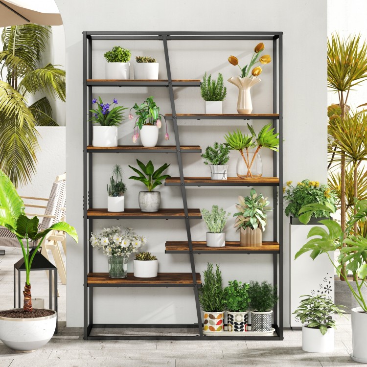 71-inch 7-tier industrial etagere bookcase with rustic brown shelves and heavy-duty metal frame for plants and decor.