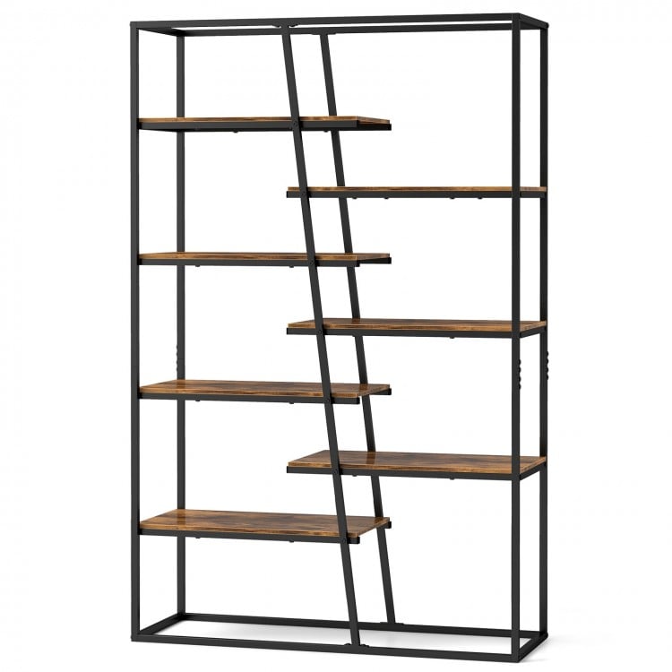 71-inch industrial etagere bookcase with 7 zigzag rustic brown shelves and heavy-duty metal frame for versatile storage.