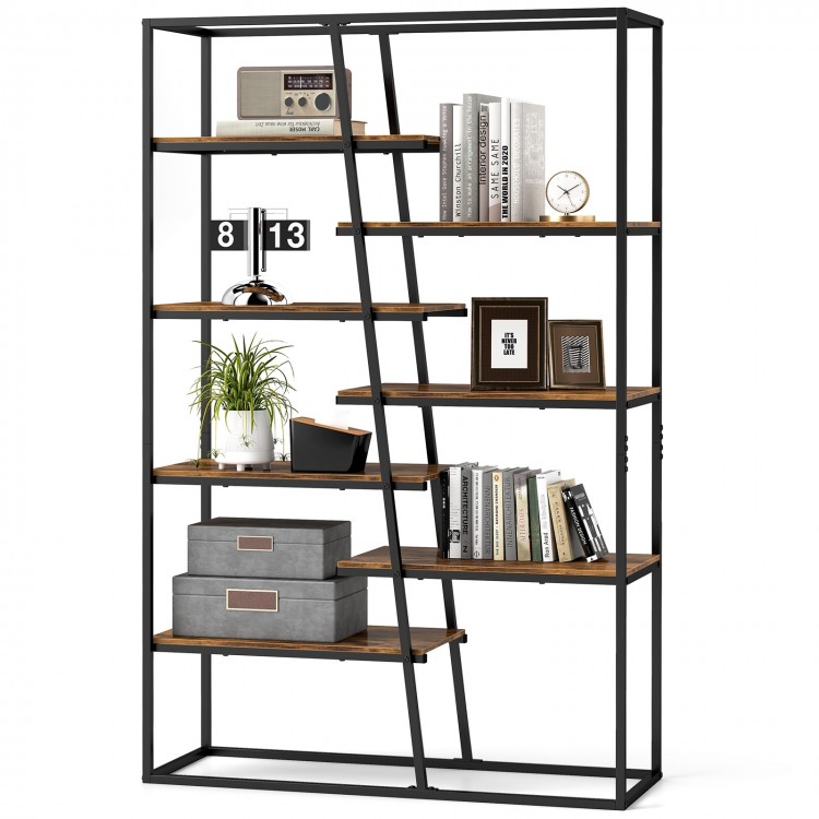 71-inch industrial etagere bookcase with 7 zigzag shelves in rustic brown, perfect for books and decor in any room.