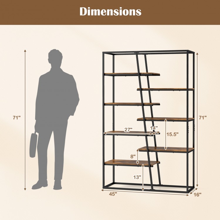 71-inch industrial etagere bookcase with 7 zigzag shelves in rustic brown, ideal for living room or office storage.