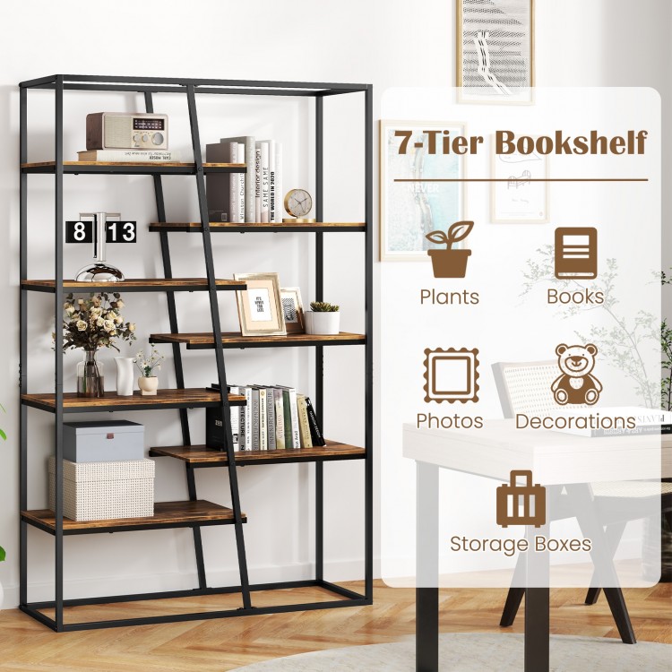 71-inch 7-tier industrial etagere bookcase with a rustic brown finish and heavy-duty metal frame for versatile storage.