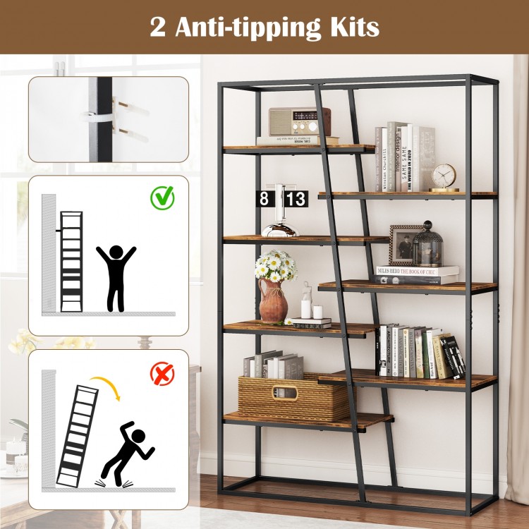 71-inch 7-tier industrial etagere bookcase with rustic brown shelves and heavy-duty metal frame for living room or.