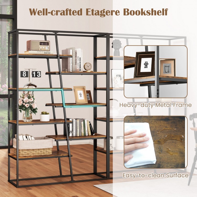 71-inch industrial etagere bookshelf with 7 zigzag shelves, rustic brown finish, perfect for living room or office.