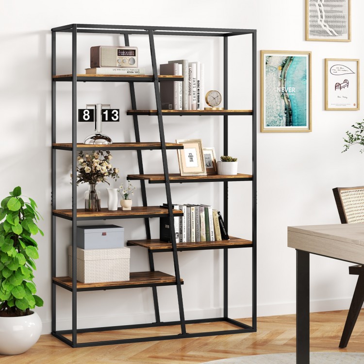 Industrial etagere bookcase in rustic brown with heavy-duty metal frame, featuring zigzag shelves for stylish storage.