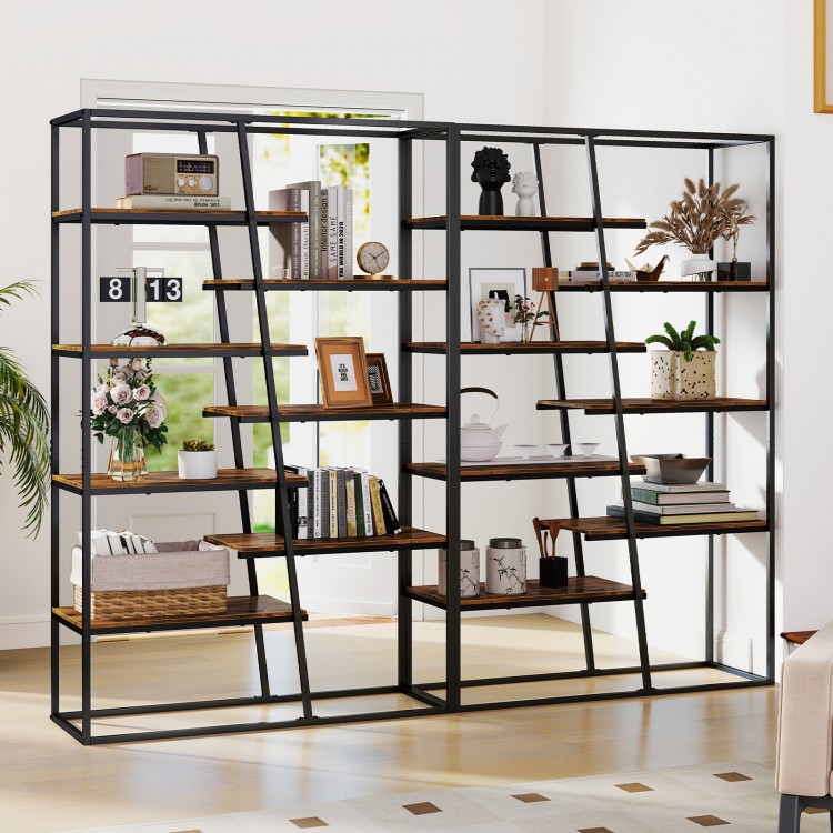 Industrial etagere bookcase showcasing zigzag shelves in rustic brown, ideal as a room divider or plant stand for.