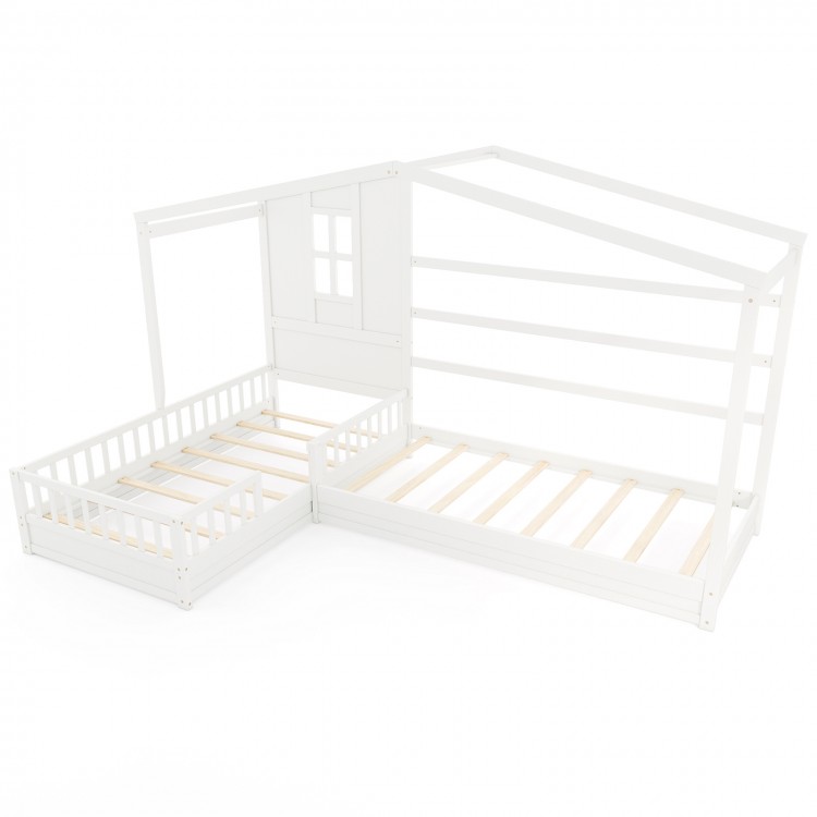 L-shaped double twin beds in white with house frame design, featuring safety guardrails and solid wood support.