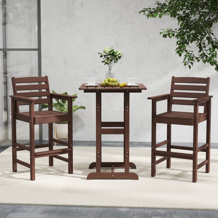 Brown HDPE Adirondack bar chairs set of 2 with wide armrests, ideal for 39.5" to 45.5" bar height tables.