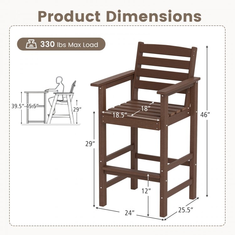 Patio HDPE Adirondack bar chair dimensions with slatted seat, wide armrests, and 330 lbs max load for outdoor use.