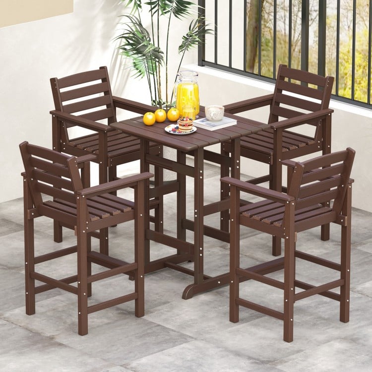 Brown HDPE Adirondack bar chair set with wide armrests, slatted seats, ideal for outdoor patio and bar height tables.