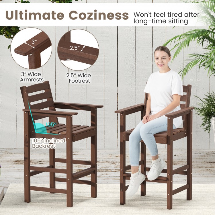 Brown HDPE Adirondack bar chair with wide armrests, inclined backrest, and footrest, ideal for outdoor seating.