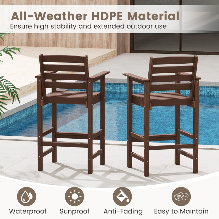 Brown HDPE Adirondack bar chairs set of 2 with wide armrests, ideal for outdoor use on patios and balconies.