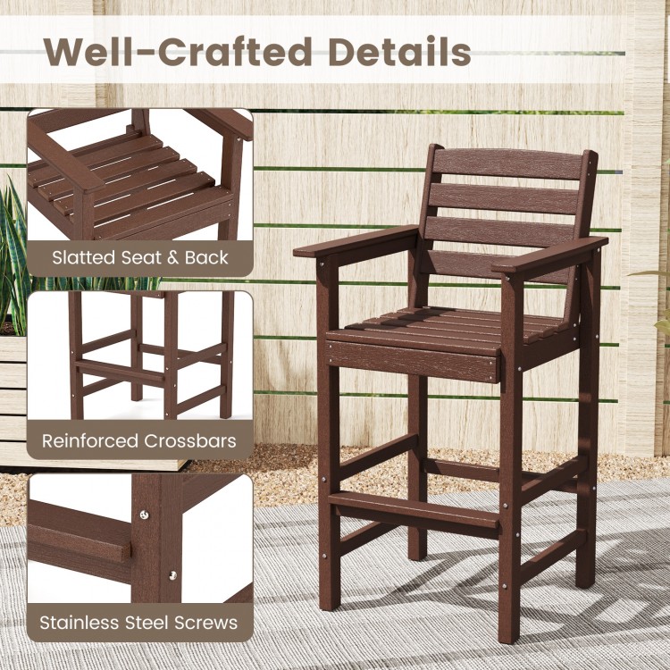 Brown HDPE Adirondack bar chair with slatted seat, wide armrests, and reinforced crossbars for outdoor comfort.