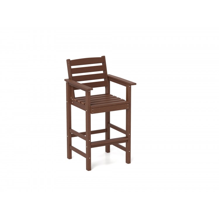 Brown HDPE Adirondack bar chair with wide armrests and slatted seat, ideal for outdoor use at bar height tables.