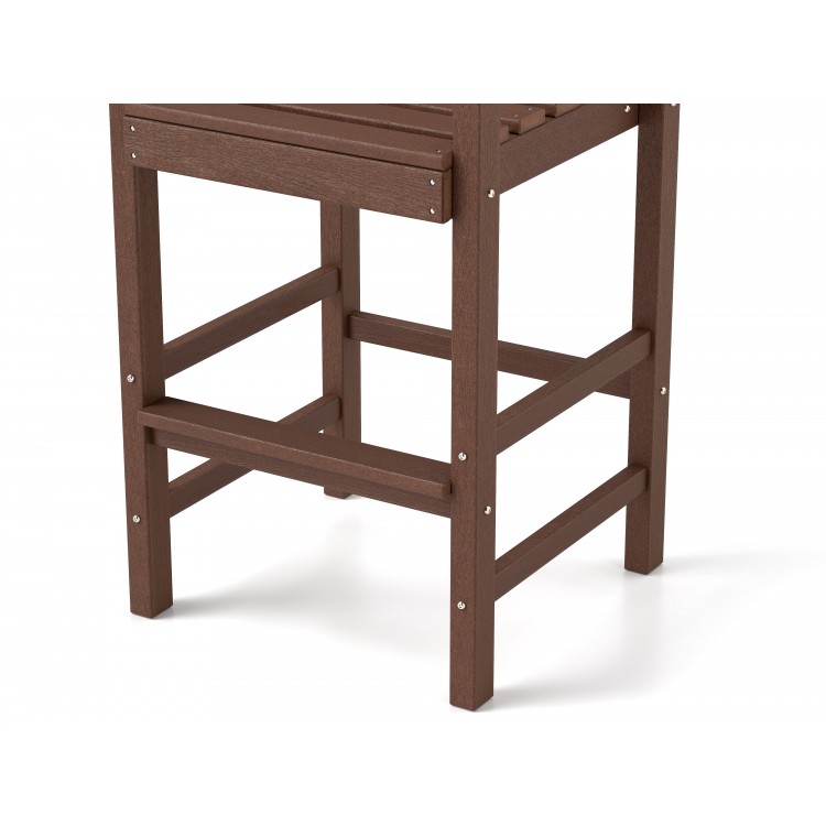 Close-up of the sturdy brown HDPE Adirondack bar chair leg detailing with stainless steel screws for added stability.