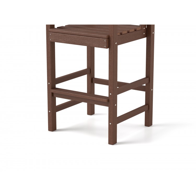 Brown HDPE Adirondack bar chair with wide armrests and slatted seat, ideal for outdoor use on patios or balconies.
