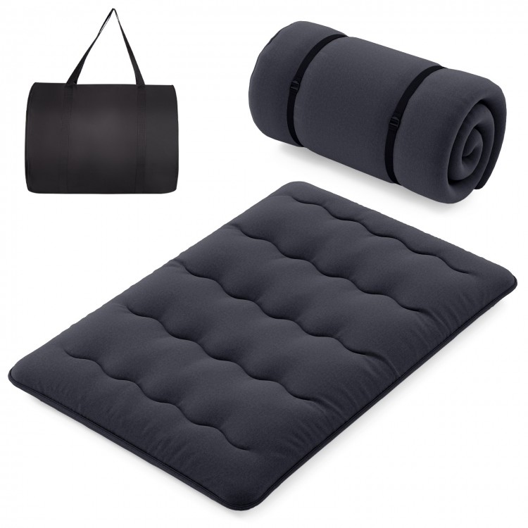 Futon mattress with washable cover, foldable design, and carry bag, ideal for camping, yoga, or kids' play.