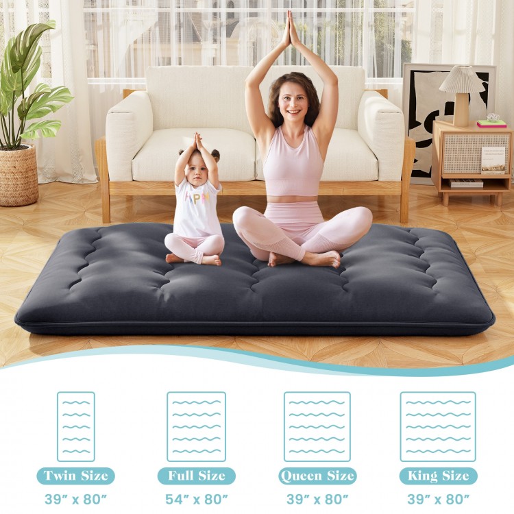 Full-size futon mattress with washable cover, featuring a soft, breathable design, ideal for sleeping or yoga.