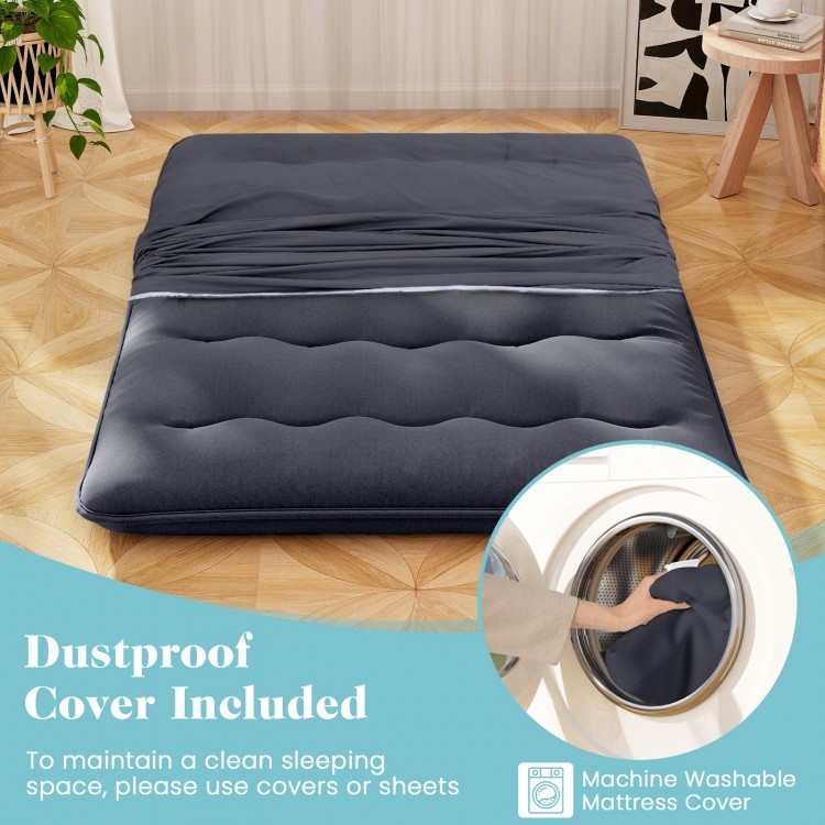 Futon mattress with washable cover, featuring a 5-layer design for comfort, perfect for camping or as a sleeping pad.