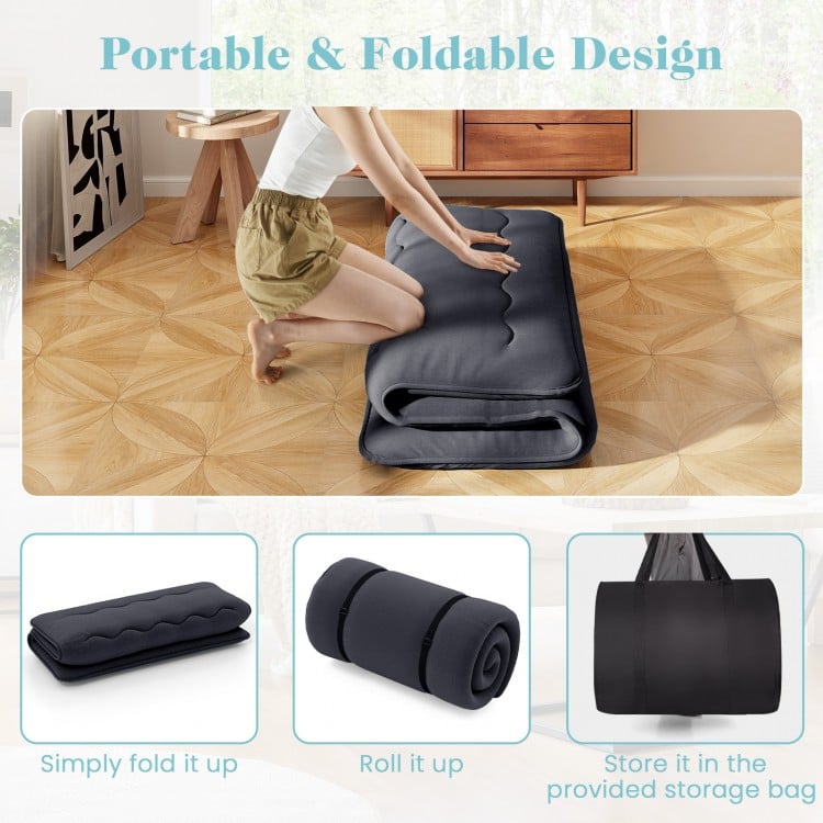 Futon mattress in a folded position, featuring a washable cover and portable design for easy storage and transport.