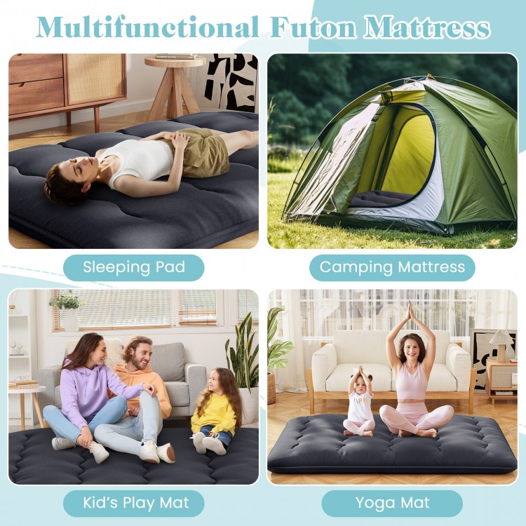 Multifunctional futon mattress shown as a sleeping pad, ideal for camping, kids' play, or yoga, with a washable cover.