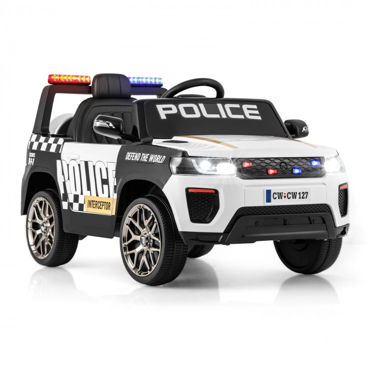 Kids ride-on police car in white with flashing lights, remote control, and safety features for fun outdoor adventures.