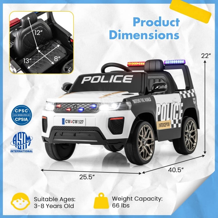 Kids ride-on police car with remote, flashing lights, and spacious seat, designed for safe outdoor fun.