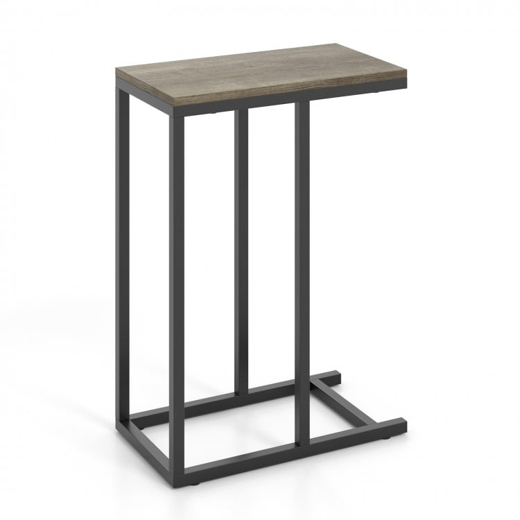 C-shaped side table with oak finish and heavy-duty metal frame, perfect for laptops or tea in compact spaces.