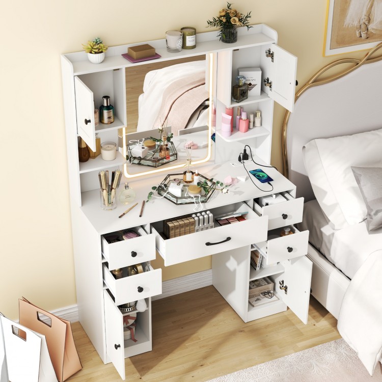 Makeup vanity desk in white with lighted mirror, storage drawers, and charging station for convenient organization.